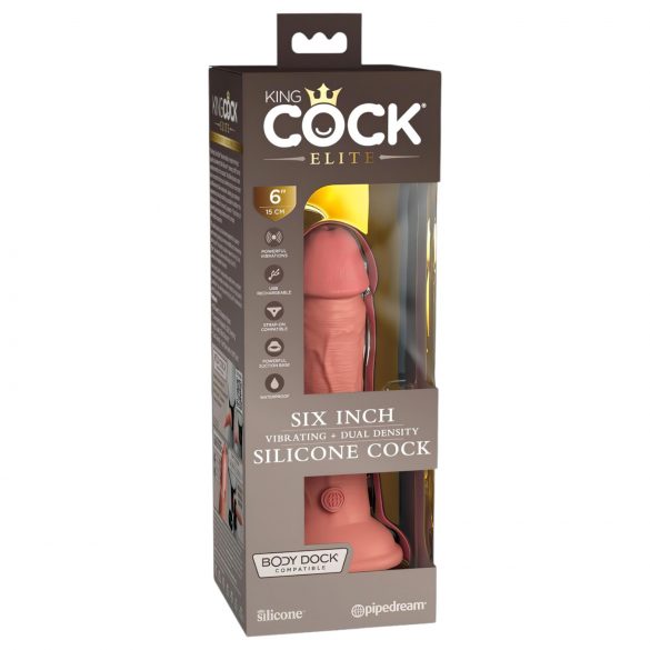 King Cock Elite 6 - realistični vibrator s priseskom, 15 cm (temna naravna barva)