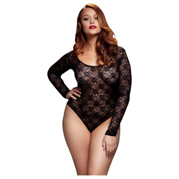 BACI Plus Size - dolgi rokav, čipkasto body - črna (XL-XXL)